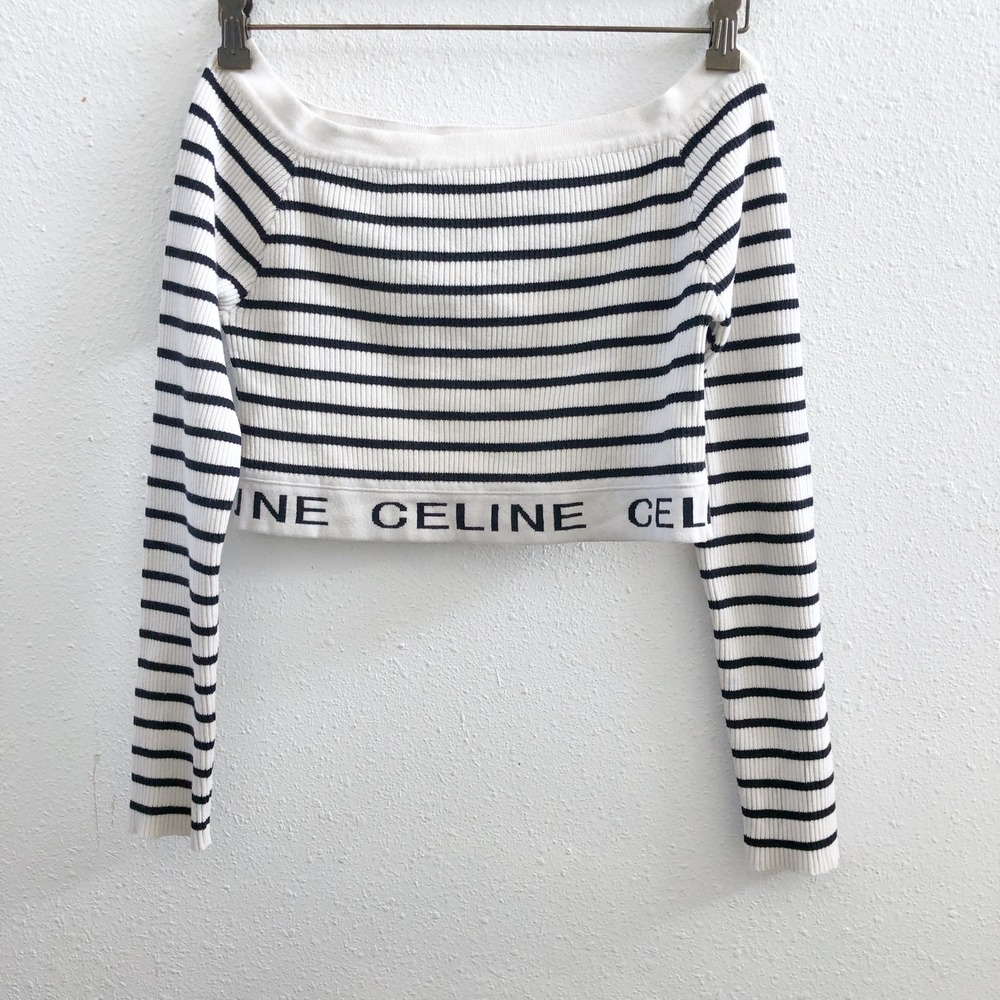 CELINE‎ Striped Ribbed Off The Shoulder Crop Top No Size Tag Check Measurements